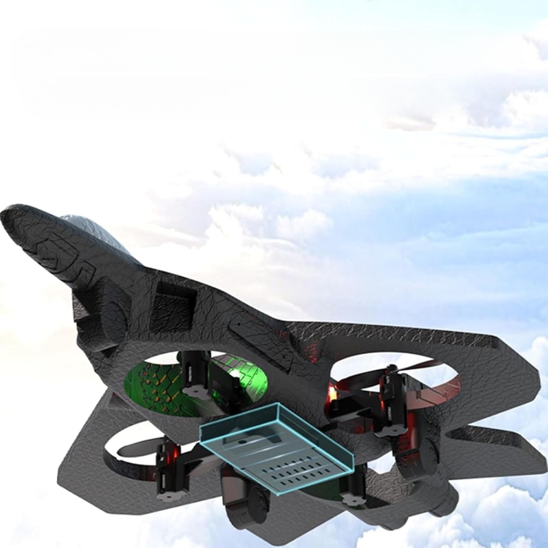 Avion de Lupta cu Telecomanda, Flippy, Tip Drona, din EVA (Spuma), cu Telecomanda, Incarcare USB, 2.4 GHz, Rotire 360°, Zbor pana la 120 m, LED, 25.5 x 18 x 5.2 cm, Negru-Albastru