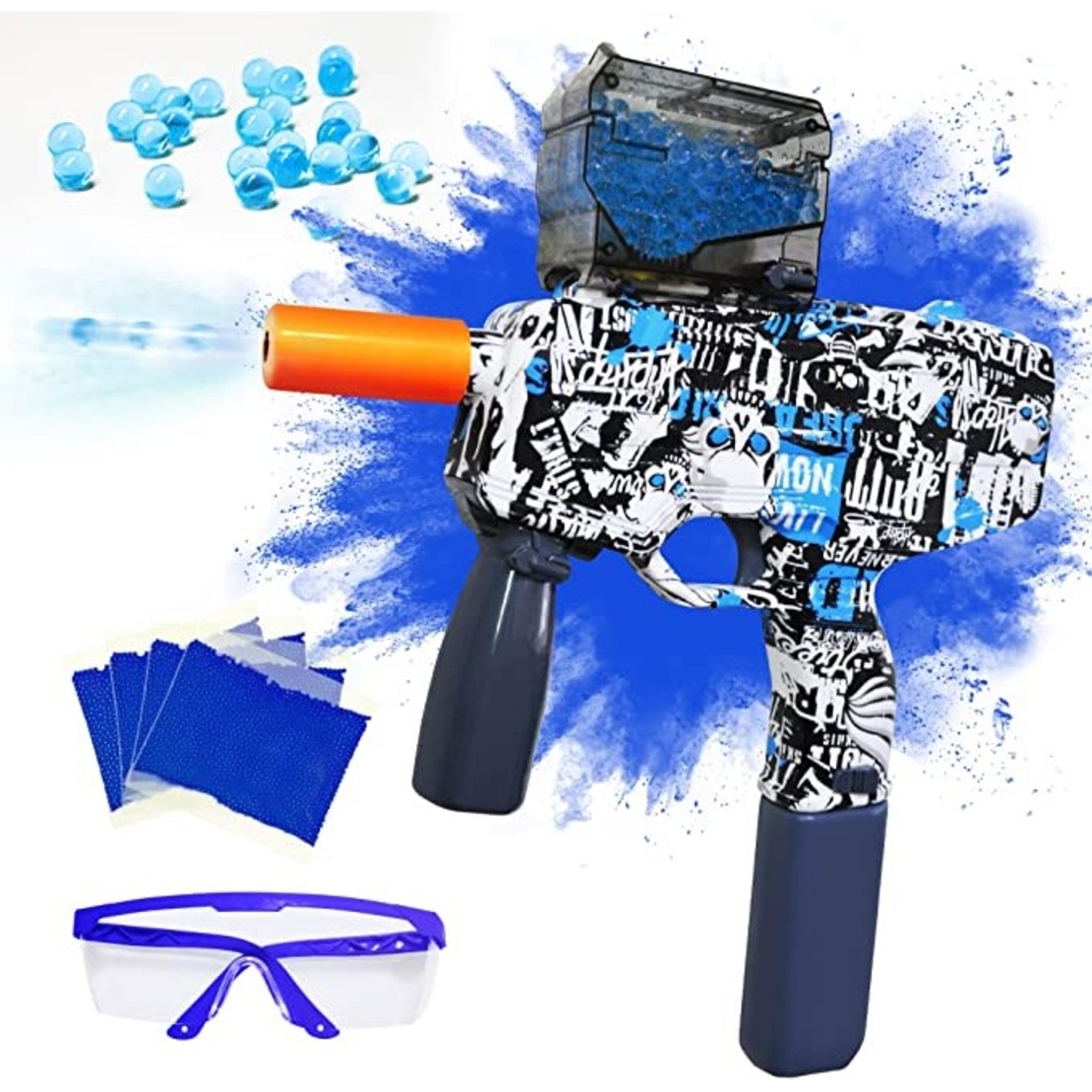 Mitraliera de jucarie electrica Flippy cu bile de hidrogen de gel, gun bluster, tragere in rafala, varsta peste 6 ani, ochelari de protectie, 5000 de bile incluse, cablu de incarcare, 40.1 x 31.6 cm, Mp9, albastru