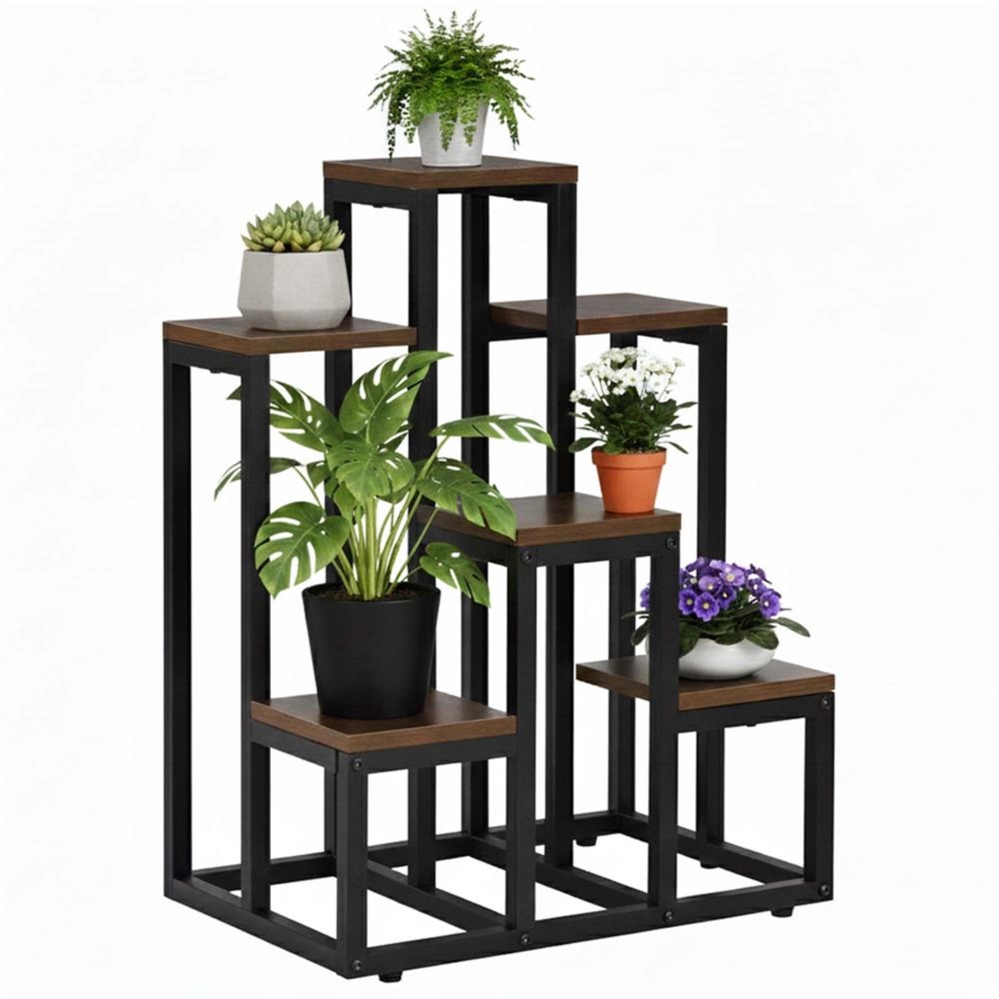 Suport pentru flori cu 6 polite din lemn, structura metal, 51x34x68 cm, negru