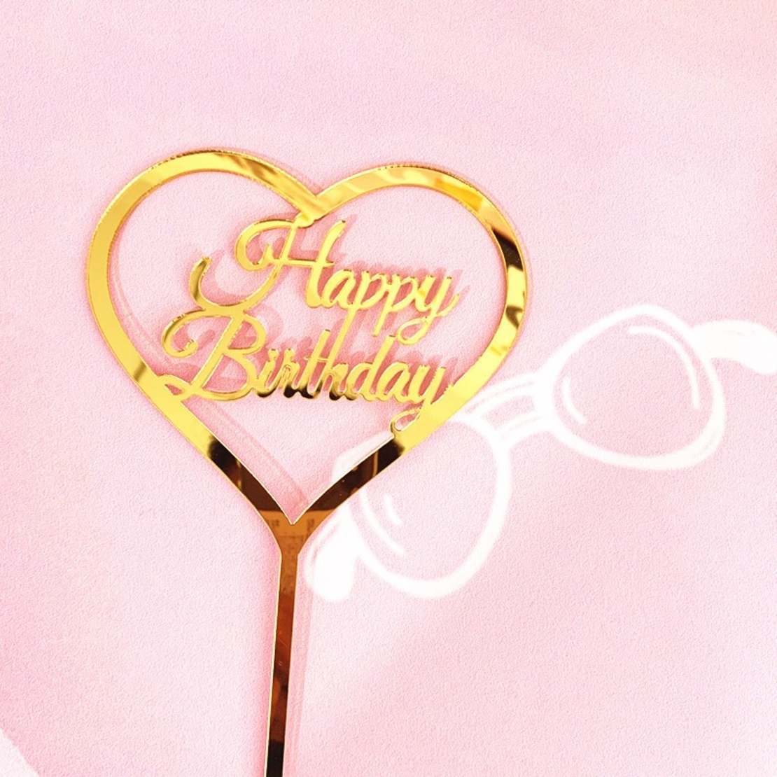 Decoratiune Topper pentru Tort, Flippy, Model Inimioara Scris Happy Birthday, Tematica Aniversare, Auriu