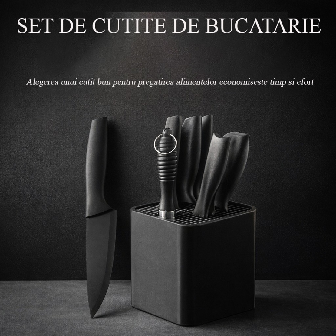 Cutite Bucatarie, Set 9 Piese, Vafy, Otel Inoxidabil cu Acoperire Antiaderenta, Suport Depozitare Inclus, 6 Cutite, Tija Ascutire si Foarfeca Bucatarie, 31 x 10 x 10 cm, Negru