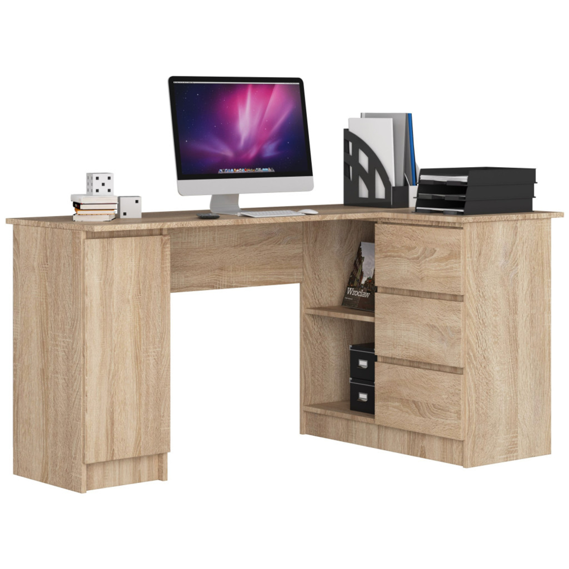 Birou colt dreapta in L cu 3 sertare si rafturi, PAL laminat 16 mm, 155x85x77 cm, stejar sonoma