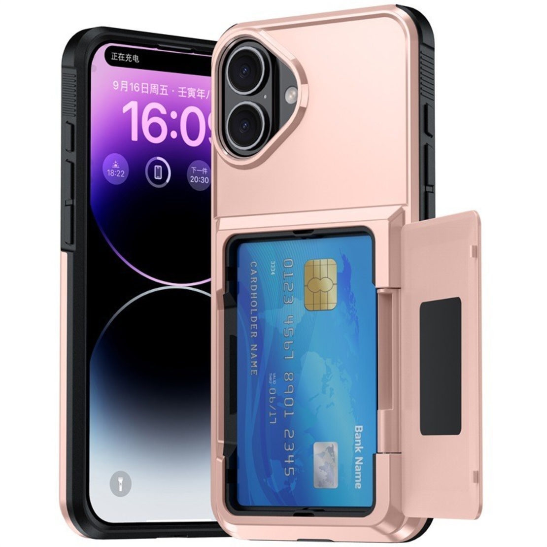 Husa de Protectie compatibila Apple iPhone 17, Vafy, Compartiment pentru Carduri, Anti-alunecare, Protectie PC, Rezistenta la Zgirieturi, Rose Gold