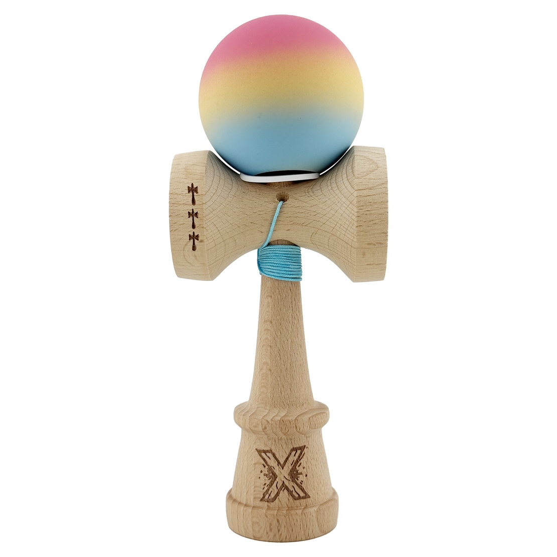 Kendama X Originala, Profesionala, Flippy, Cupe Mari KING SIZE V3, Rubber Grip, Gaura in Baza, Rulment Metalic, din lemn 18 cm, Ata 62/65 cm, Gradient Roz/Galben/Albastru deschis