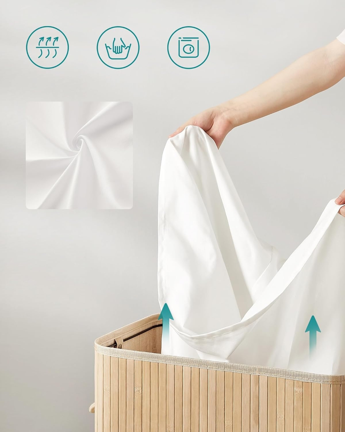 SONGMICS Cos de rufe din bambus cu capac 100L, sac textil detasabil, 55x35x61 cm, bej natur