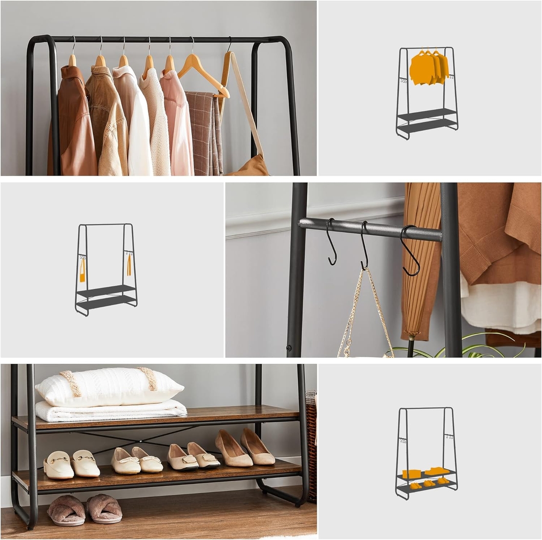 VASAGLE Raft pentru haine cu suport pentru pantofi, 2 polite, 6 carlige laterale, 45x100x160cm, maro rustic