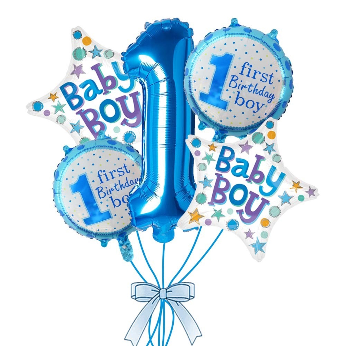 Balon din Folie Metalizata, Vafy, Prima Aniversare, Model First Birthday Boy, 45 cm, Ambalaj Individual, Pai Inclus, Umflare cu Aer sau Heliu, Albastru