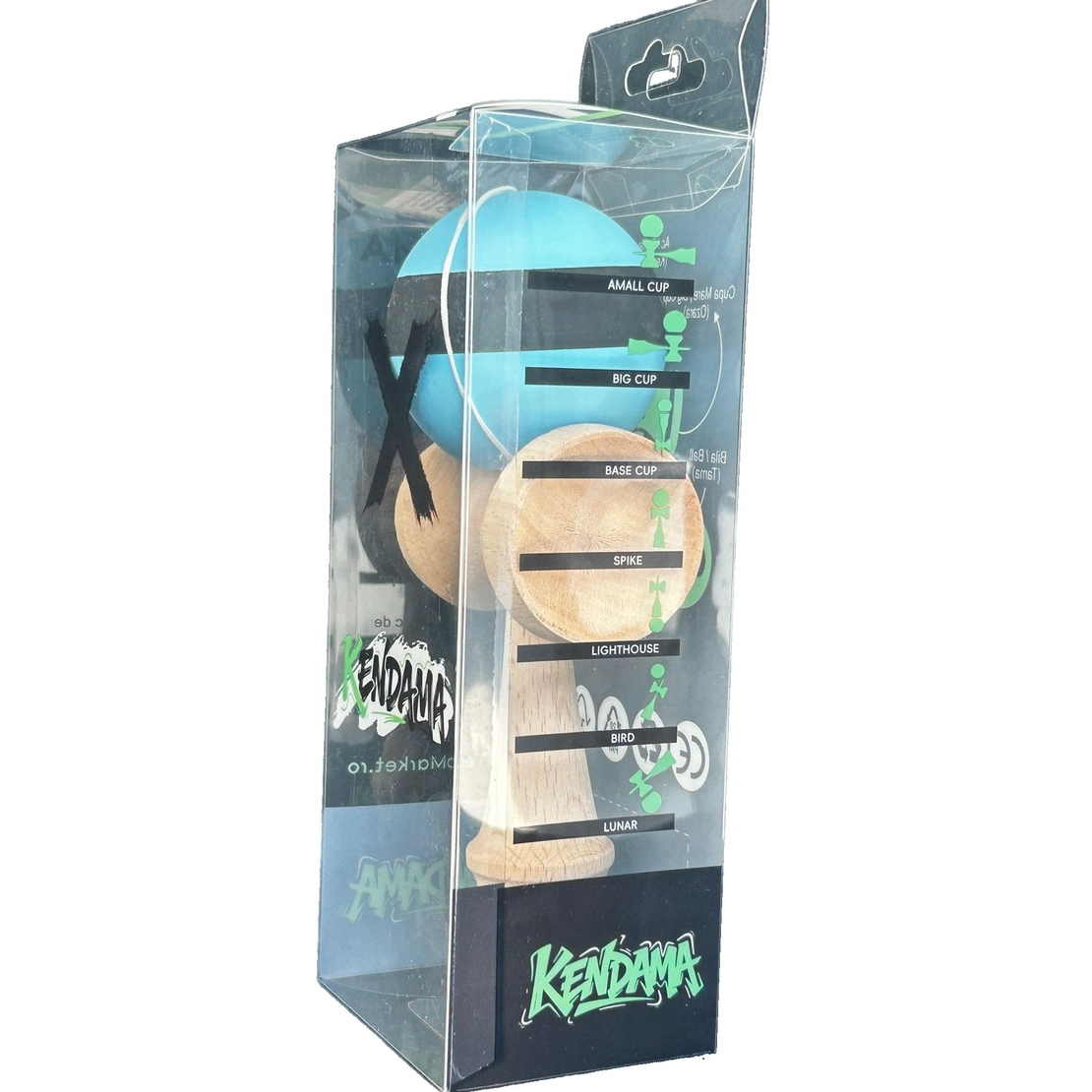 Kendama X Originala, Profesionala, Flippy, din Lemn, 18 cm, Rubber Grip, Dungi Albastru/Negru