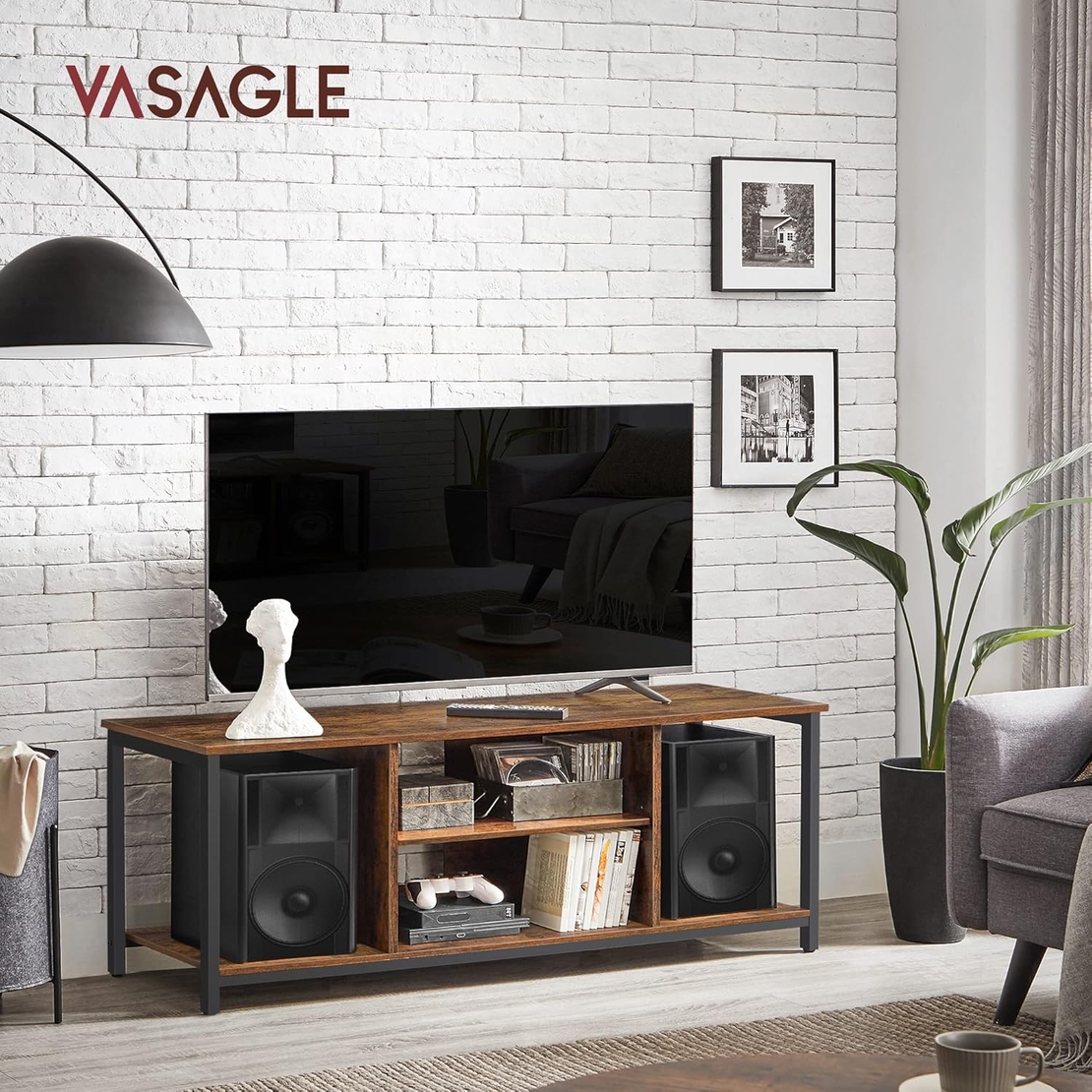 VASAGLE Comoda TV pentru televizor pana la 60 inch, stil industrial, 120x40x50 cm, maro rustic