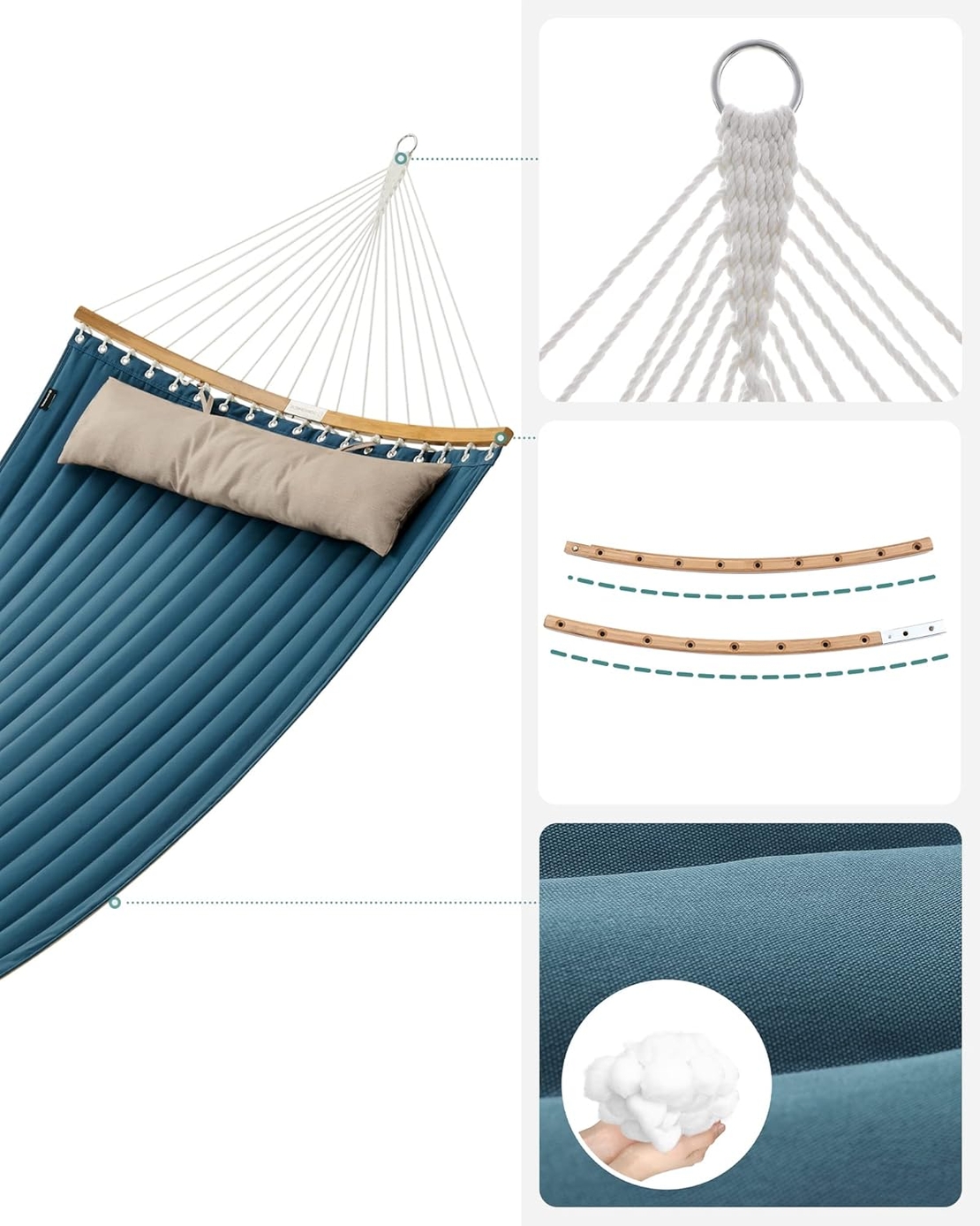 SONGMICS Hamac dublu cu bare curbate din bambus, perna inclusa, maxim 225 kg, 200x140 cm, albastru