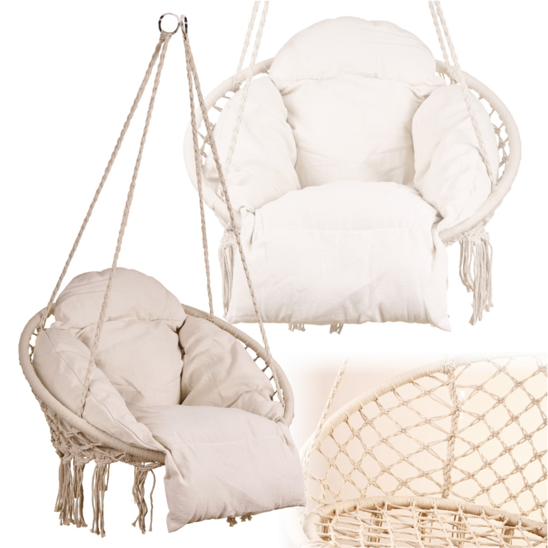 Scaun rotund tip leagan suspendat cu perna Confort Plus, casa sau gradina, ecru