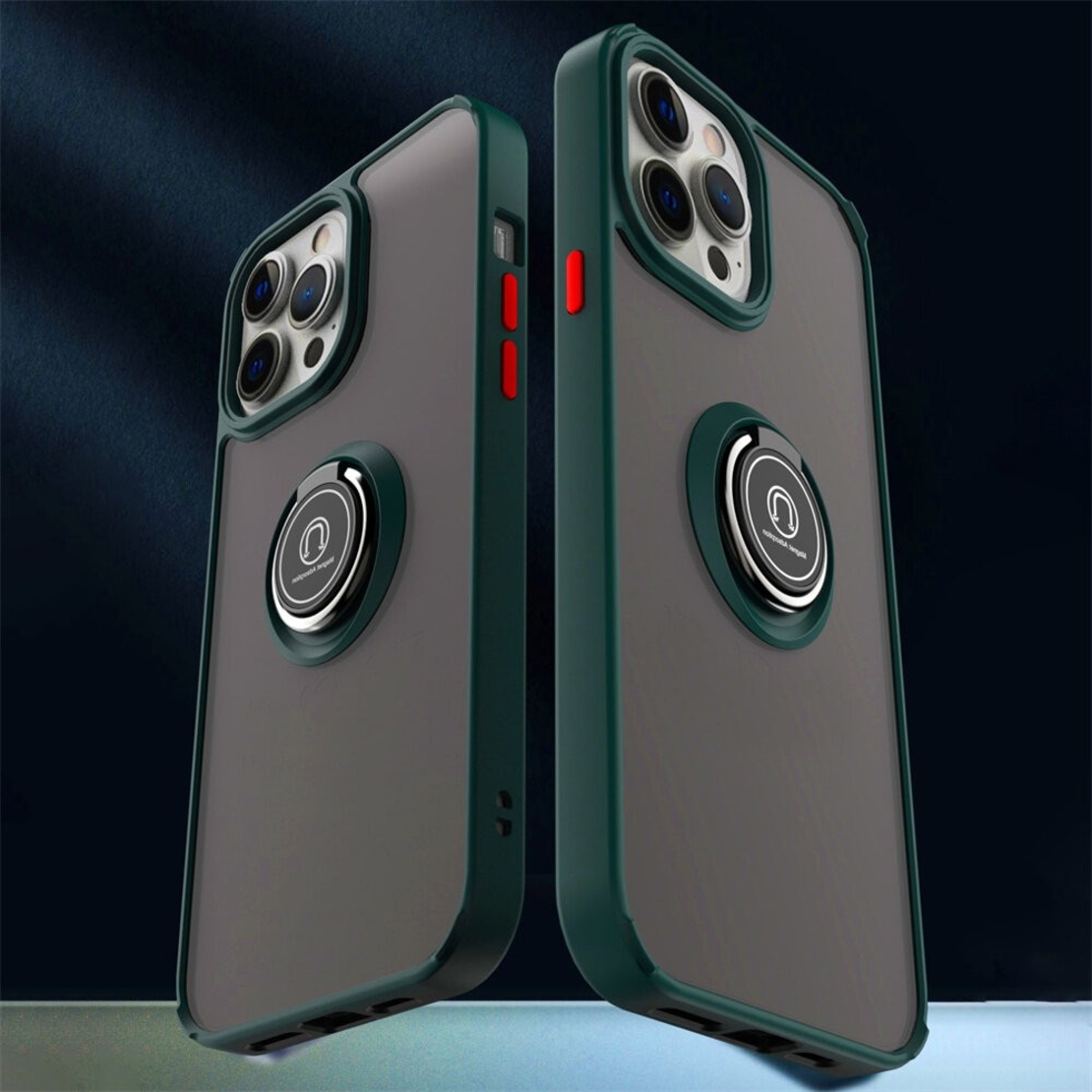 Husa Anti Fall Metal Bracket pentru Apple iPhone 14 Pro Max, Rezistenta la socuri, Margini colorate, Cu inel de prindere magnetic, Vafy, Verde