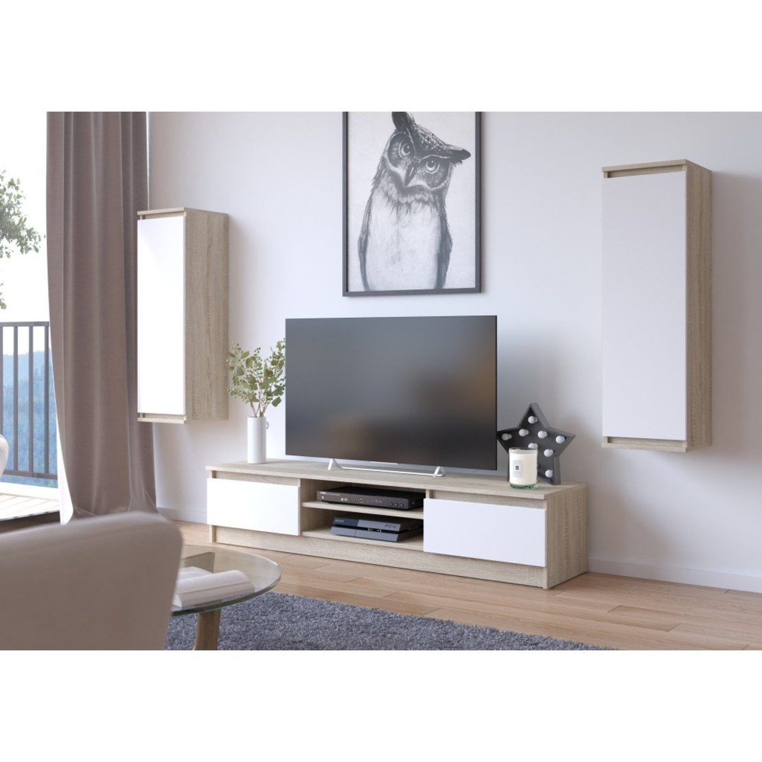 Comoda TV cu 2 usi si rafturi centrale, PAL laminat, 160x40x33 cm, stejar sonoma si alb