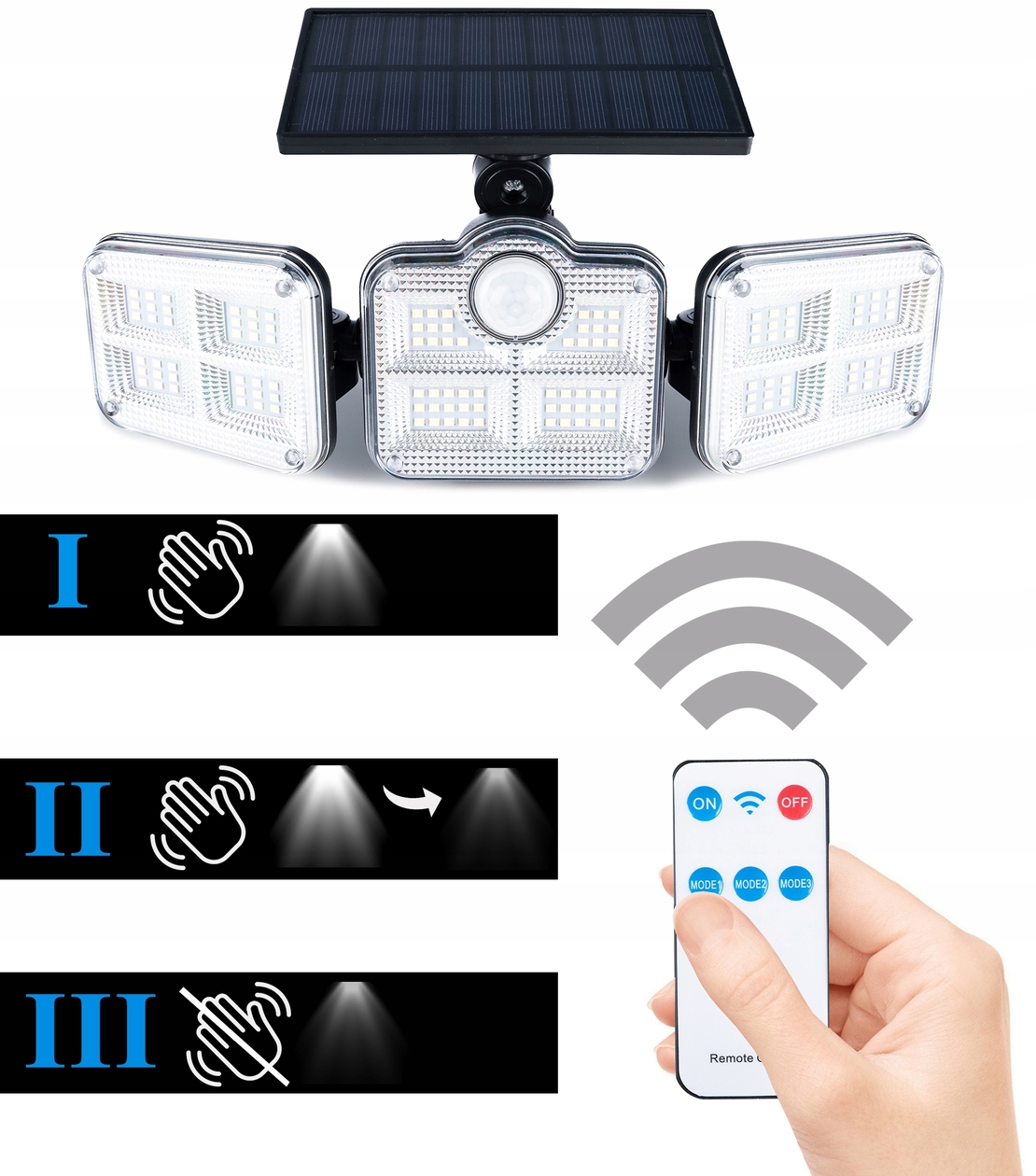 Proiector LED solar modular cu 3 lampi, senzor de miscare, 122LED-uri, cu telecomanda