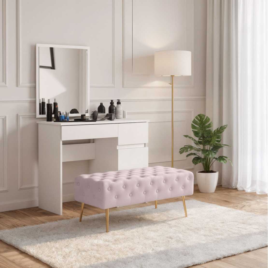 Taburet Monaco, tapitat cu catifea, tip banca, cu picioare metalice, 100x42x41 cm, roz pudra