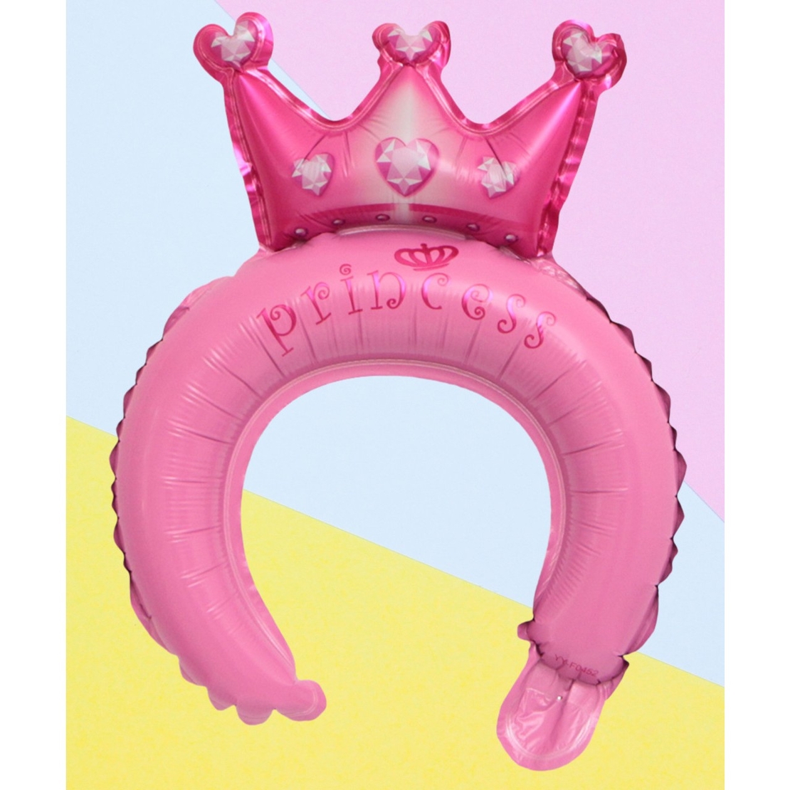 Balon din Folie Metalizata, Vafy, Tip Coronita cu Urechi, Model Coronita de Printesa, Ambalaj Individual, Pai Inclus, Umflare cu Aer sau Heliu, 30 x 27 cm, Roz