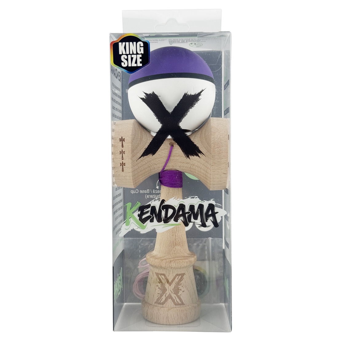 Kendama X Originala, Profesionala, Flippy, Cupe Mari KING SIZE V3, Rubber Grip, Gaura in Baza, Rulment Metalic, din lemn 18 cm, Ata 62/65 cm, S Bicolor Mov/Alb
