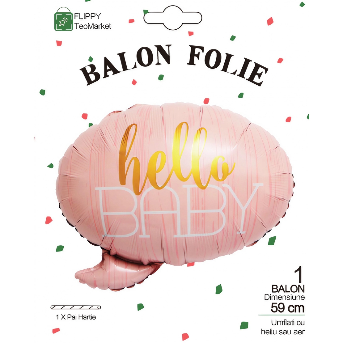 Balon din Folie Metalizata, Vafy, Figurina Norisor, Tema Hello Baby , 59x50 cm, Ambalaj Individual, Pai Inclus, Umflare cu Aer sau Heliu, Roz