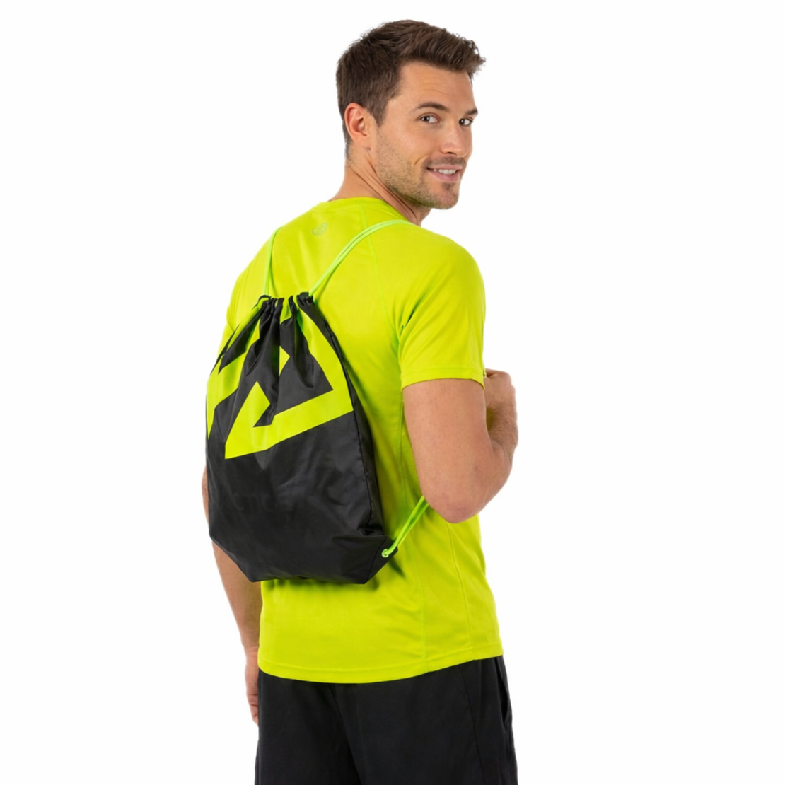 Sac sport tip rucsac cu snur, poliester oxford 210D, 45x35 cm, negru si verde lime