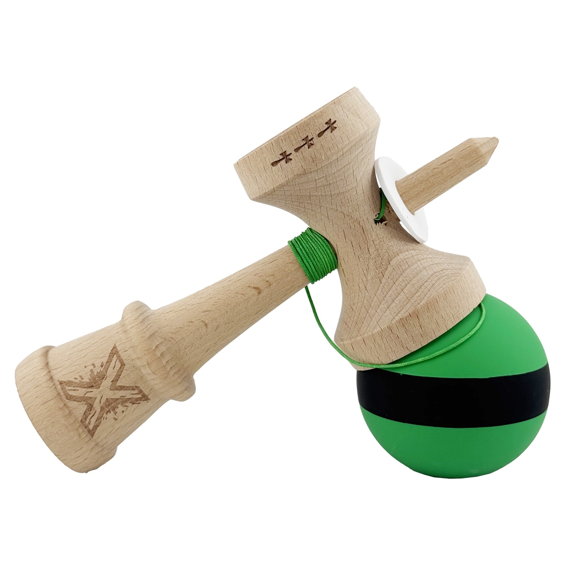 Kendama X Originala, Profesionala, Flippy, Cupe Mari KING SIZE V3, Rubber Grip, Gaura in Baza, Rulment Metalic, din lemn 18 cm, Ata 62/65 cm, M Bicolor Verde Dublu/Negru