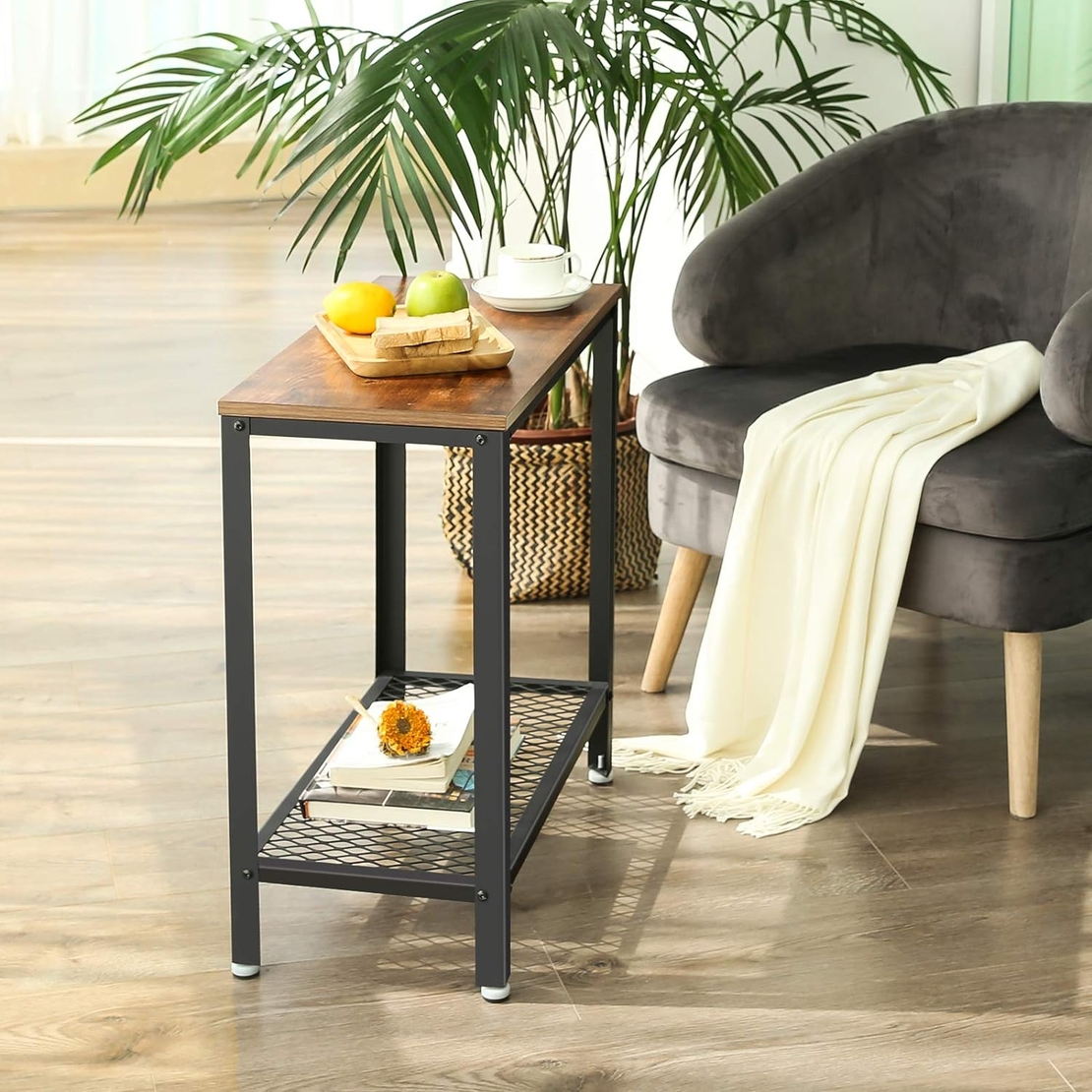 VASAGLE Masa de cafea laterala, cu 2 nivele, cadru din otel, 60x30x60cm, maro rustic