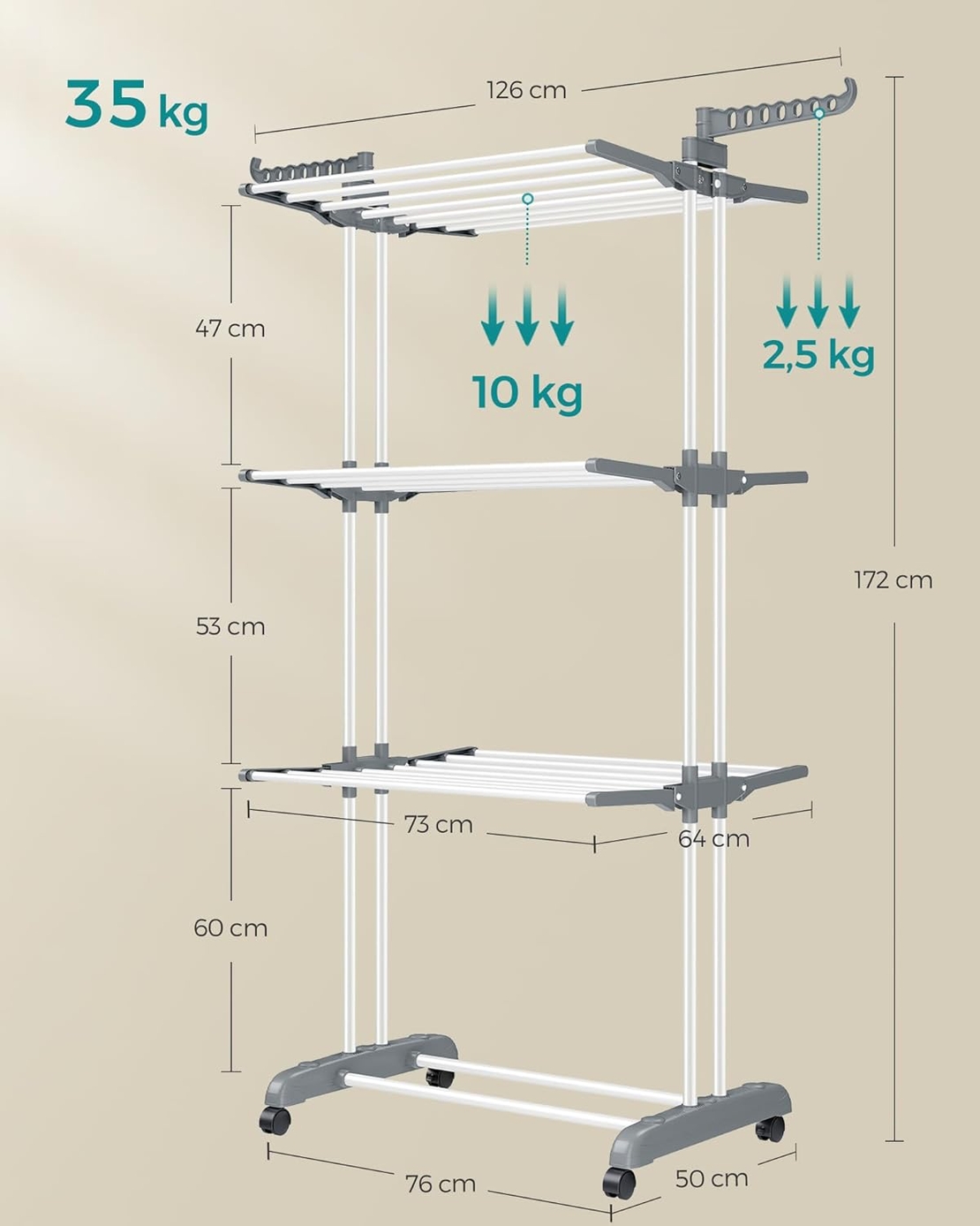 SONGMICS Uscator de rufe pliabil 4 niveluri, cu aripi laterale si roti, otel inoxidabil, 126x64x172 cm, alb