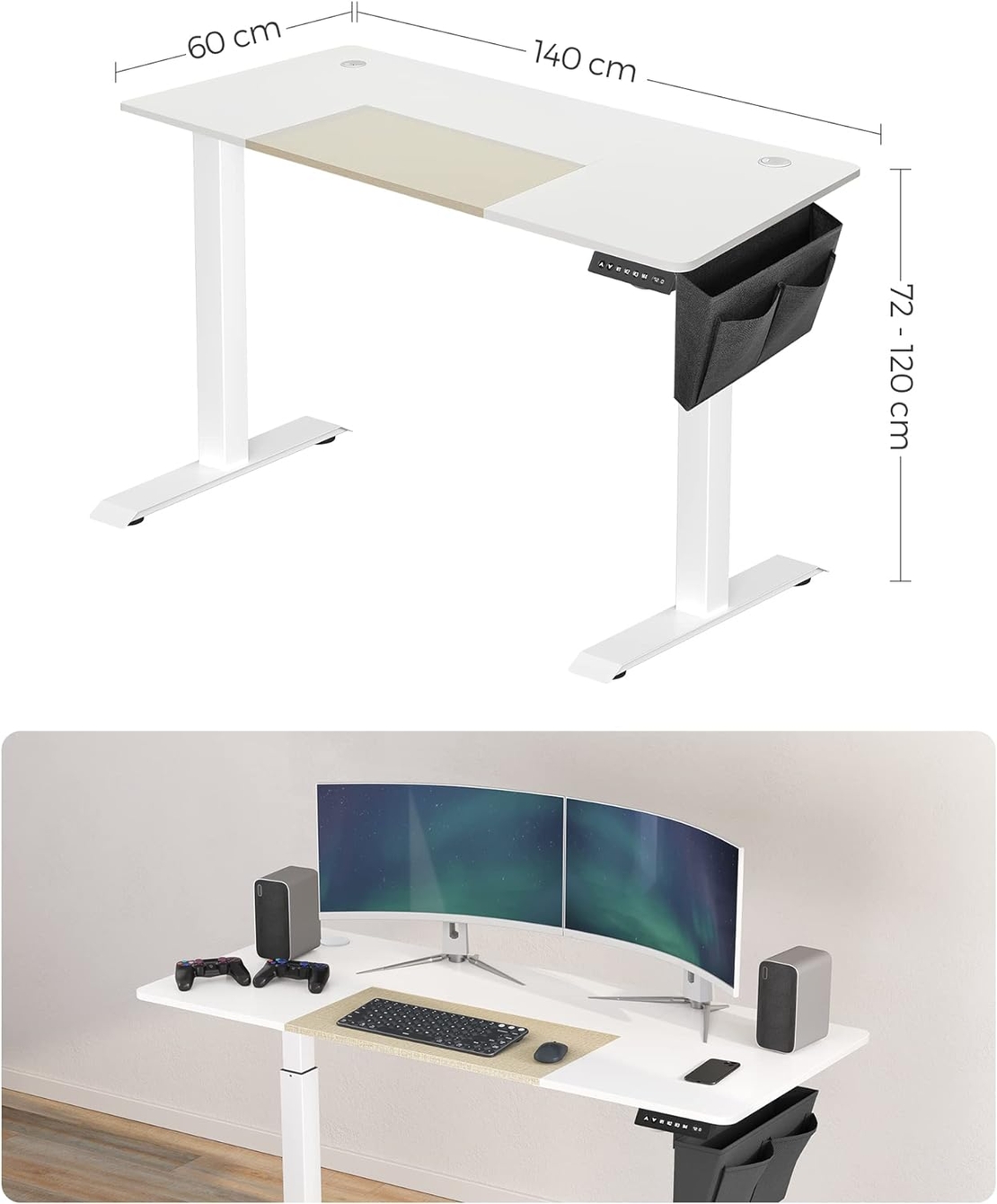 SONGMICS Birou cu reglaj electric pe inaltime, memorie cu 4 inaltimi, 60x140x(72-120)cm, alb