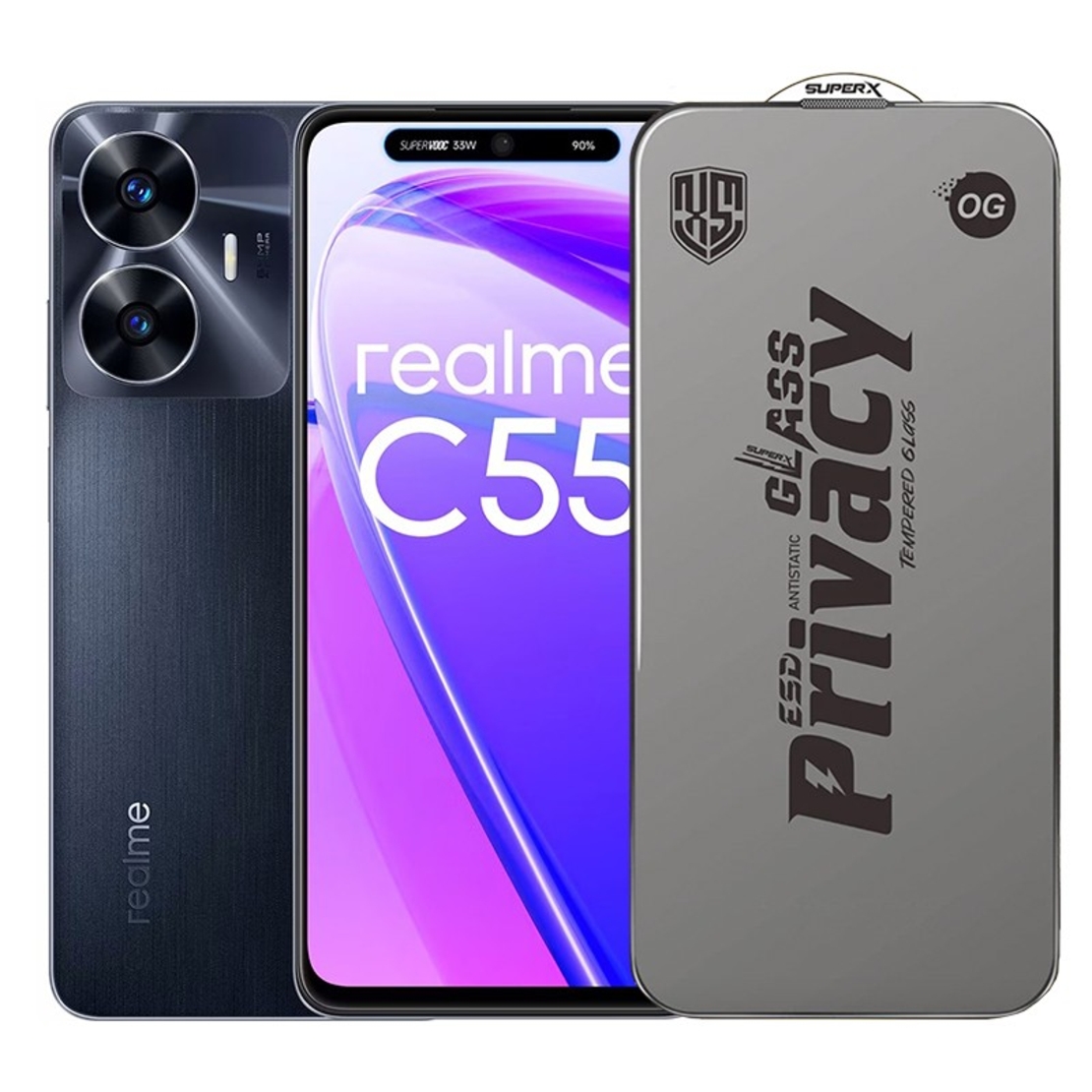 Folie de Protectie pentru Realme C55, Vafy, Sticla Securizata ESD Antistatica, Super-X Privacy OG, Margini Negre, 0.30 mm, Transparent Inchis