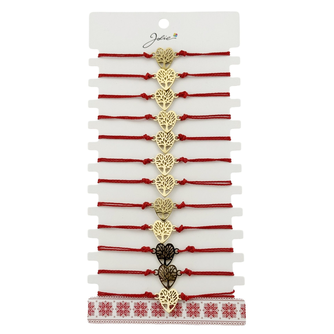 Bratara Martisor pentru Dama, Jolie, Model Copac in Inima, Set 12 bucati, Pandativ din Inox Auriu, Snur Ajustabil Impletit, Rosu