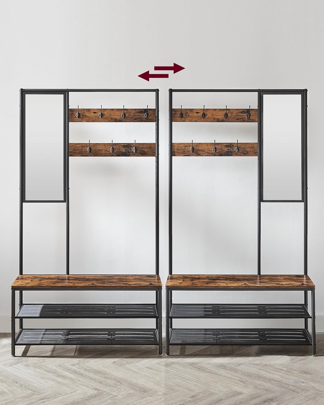 VASAGLE Cuier cu rafturi depozitare pantofi si ​​oglinda, industrial, 35x98x180 cm, maro rustic si negru