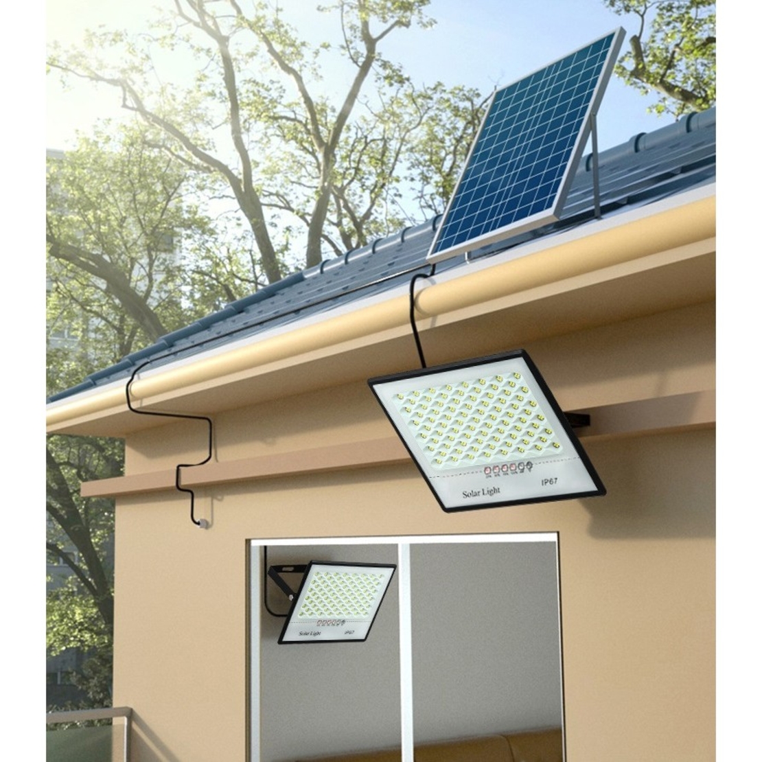 Set 2 proiectoare LED cu Panou Solar Flippy, Senzor de miscare, Telecomanda, Waterproof, 322*2 LED-uri incorporate, 200W, 30*24 cm, IP67, Design Modern, Negru