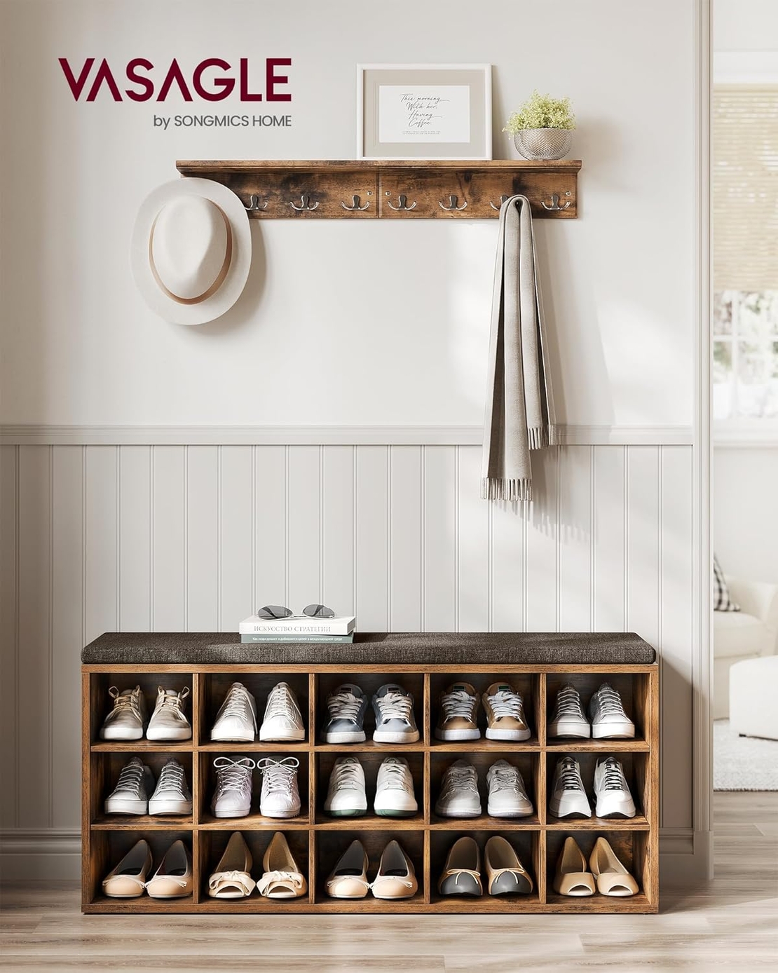 VASAGLE Banca pentru hol cu suport pentru pantofi, 15 compartimente, cu perna, 30x105x48cm, maro rustic