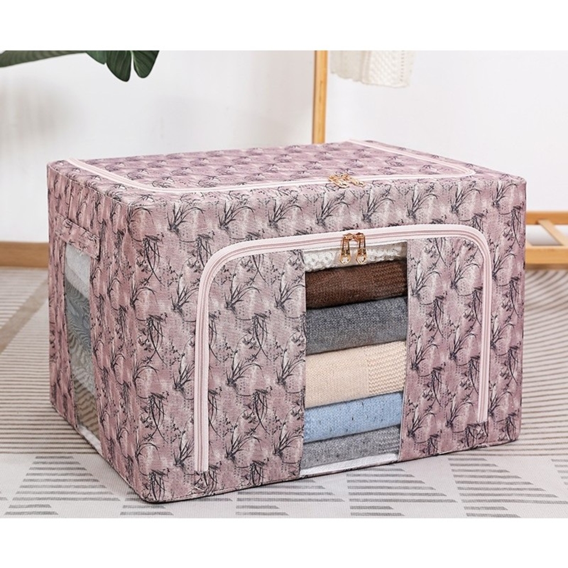 Cutie Depozitare, Vafy, 66L, din Material Textil, 50 x 40 x 33 cm, pentru Haine si Lenjerii, Model Bambus, Roz