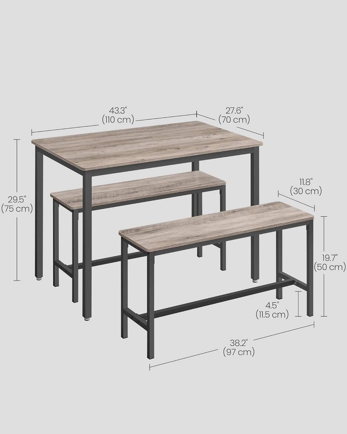 VASAGLE Masa de bar cu 2 banci, design industrial, 110x70x75cm, stejar sonoma