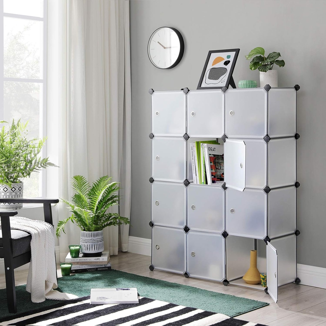 SONGMICS Unitate de depozitare cu 12 cuburi, pentru pantofi sau haine, personalizabil, 31x93x123 cm, alb transparent