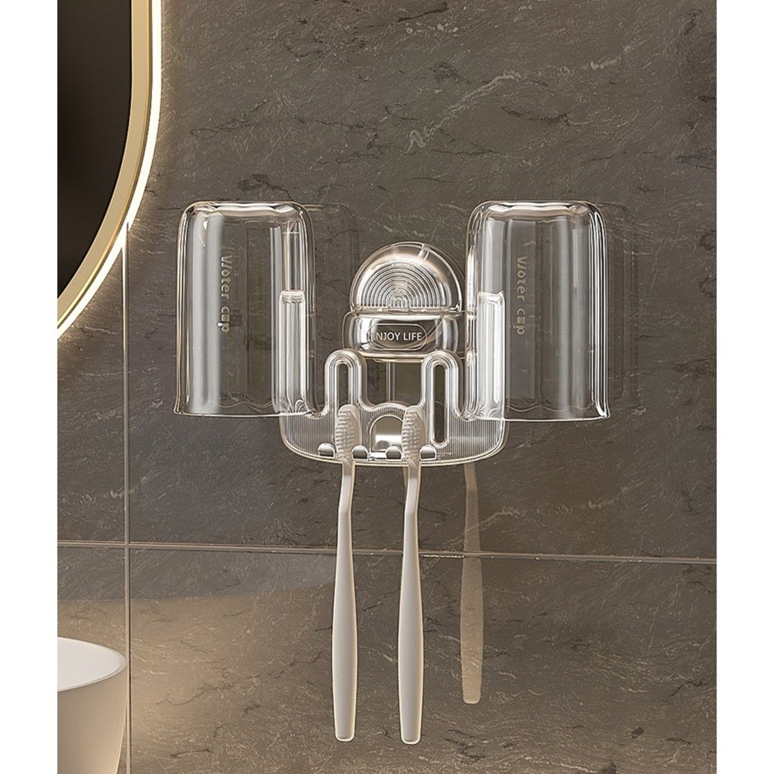 Suport Multifunctional Dublu, Pahar si Suport pentru Periuta de Dinti, Flippy, Plastic, 11 cm x 11.5 cm, Transparent