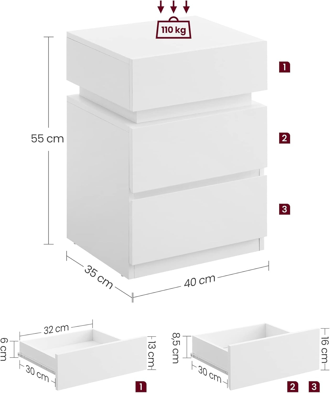 VASAGLE Set 2 noptiere din MDF cu iluminare LED, culori si intensitate reglabile, 35x40x55cm, alb