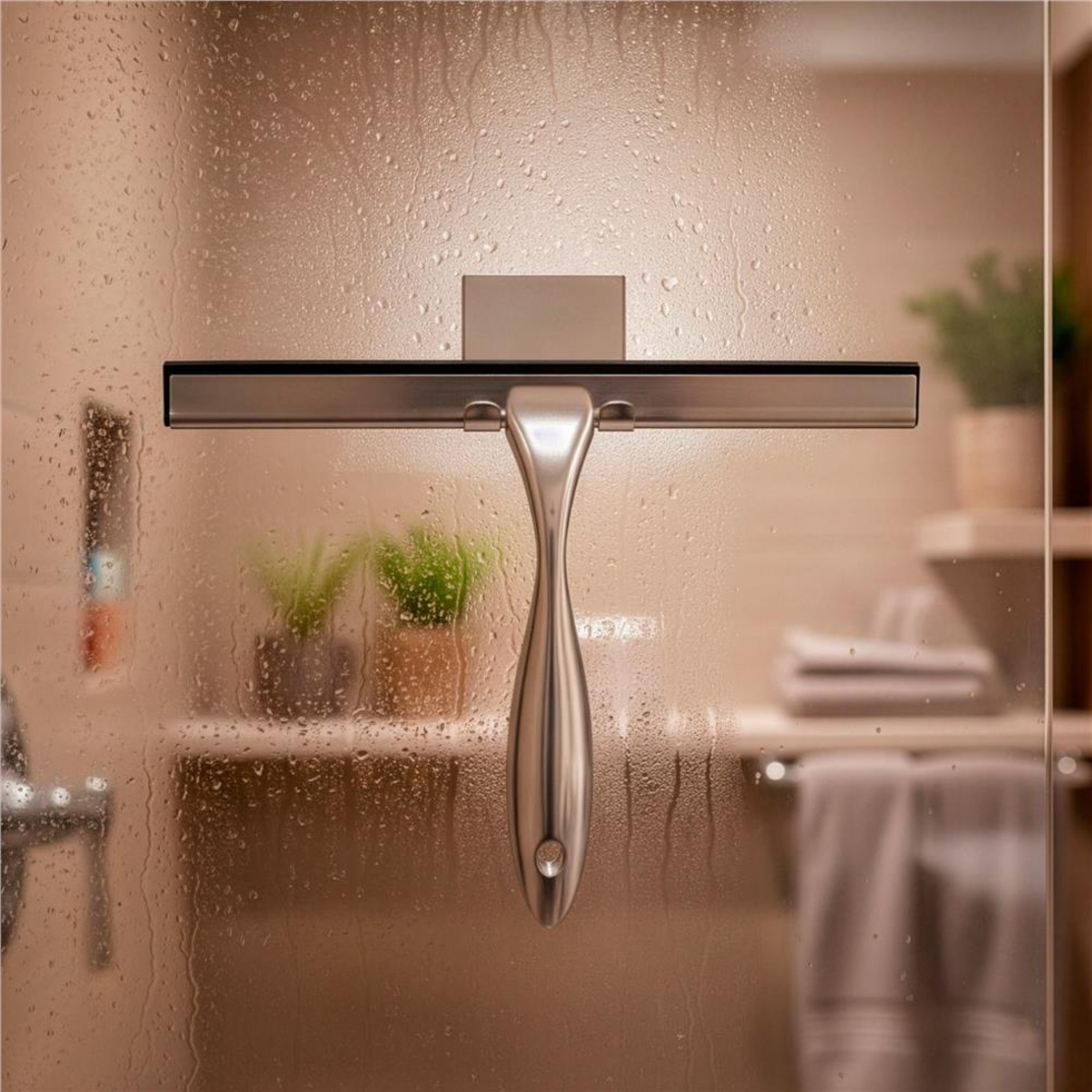 Racleta pentru baie din inox cu suport adeziv, lama 25 cm, finisaj lucios argintiu