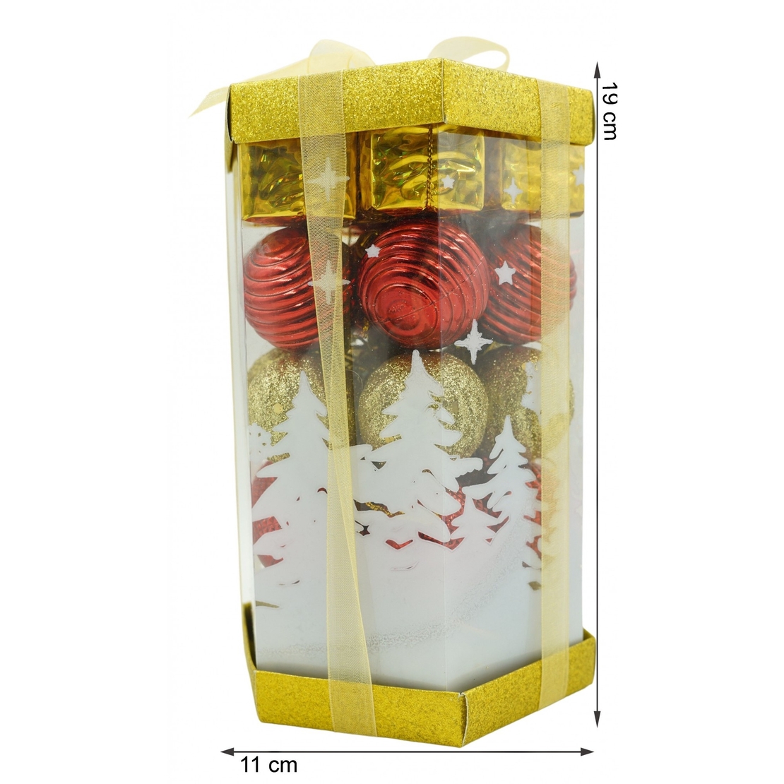 Set de 35 ornamente de brad, Flippy, de tip Glob, Rosu/ Auriu, din polistiren, cu finisaj sclipitor , cutie 11 cm adancime x 19 cm inaltime x 11 cm lungime)