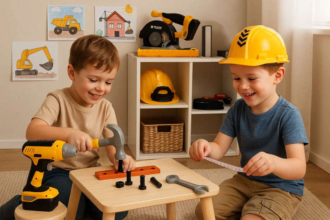 Set unelte pentru copii cu bormasina, fierastrau, casca luminata si vesta de constructor, 29x27x21 cm
