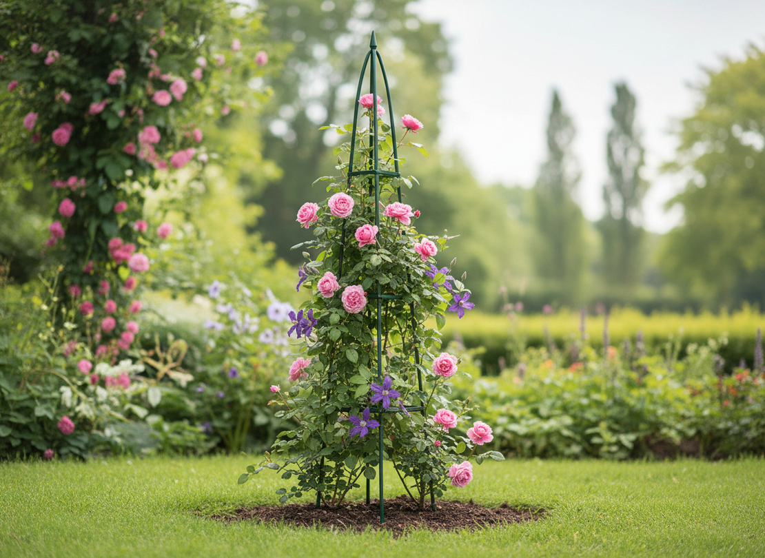 Pergola gradina piramidala pentru plante cataratoare, structura otel, 31x31x200 cm, verde inchis