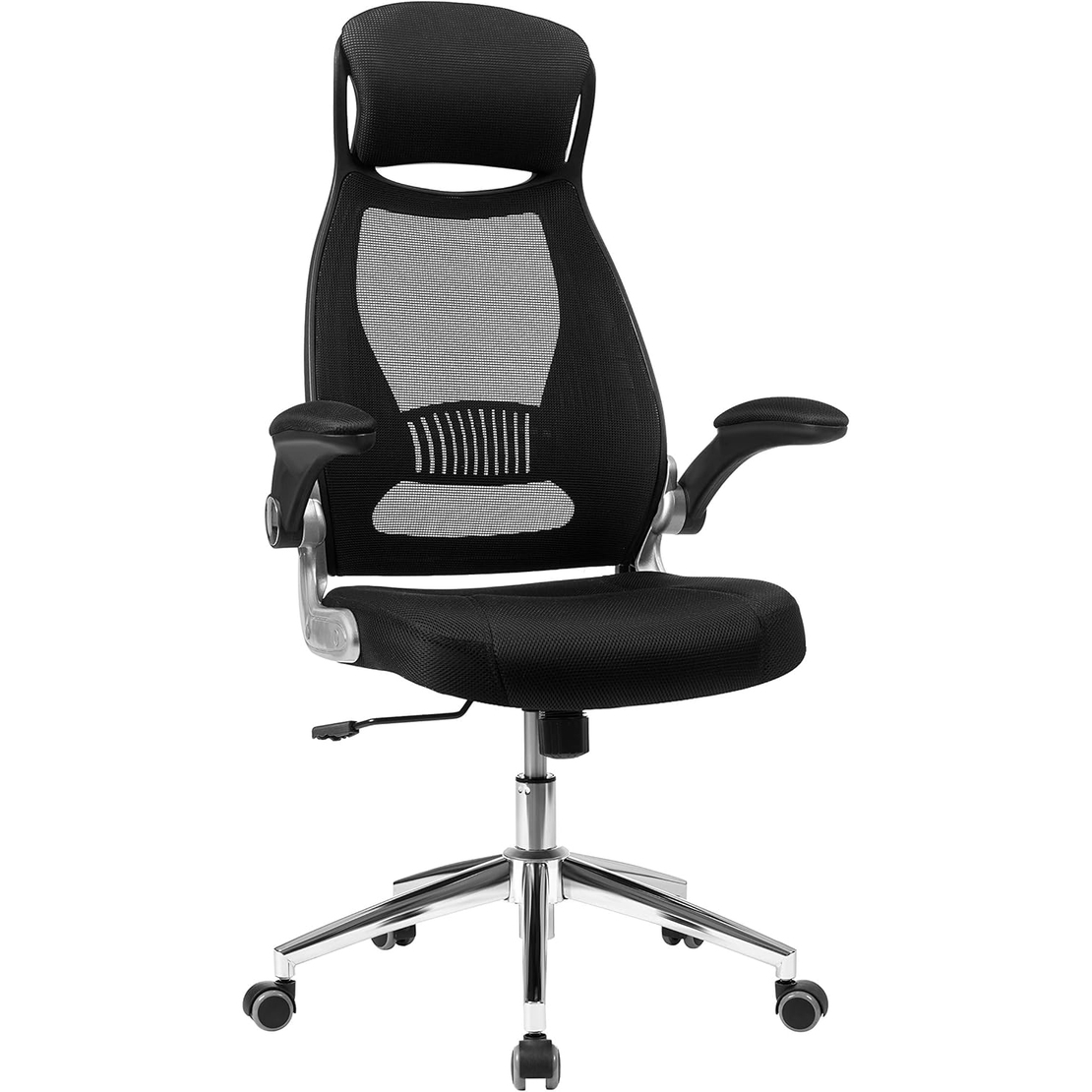 SONGMICS Scaun de birou ergonomic cu tetiera si brate rabatabile, spatar mesh, maxim 120 kg, 68x116-126 cm, negru