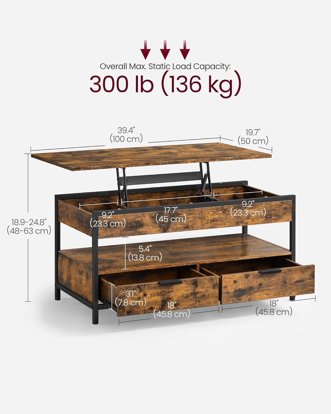 VASAGLE Masuta de cafea cu blat reglabil pe inaltime, cu sertare si spatii de depozitare, stil industrial, 100x50x63 cm, maro vintage