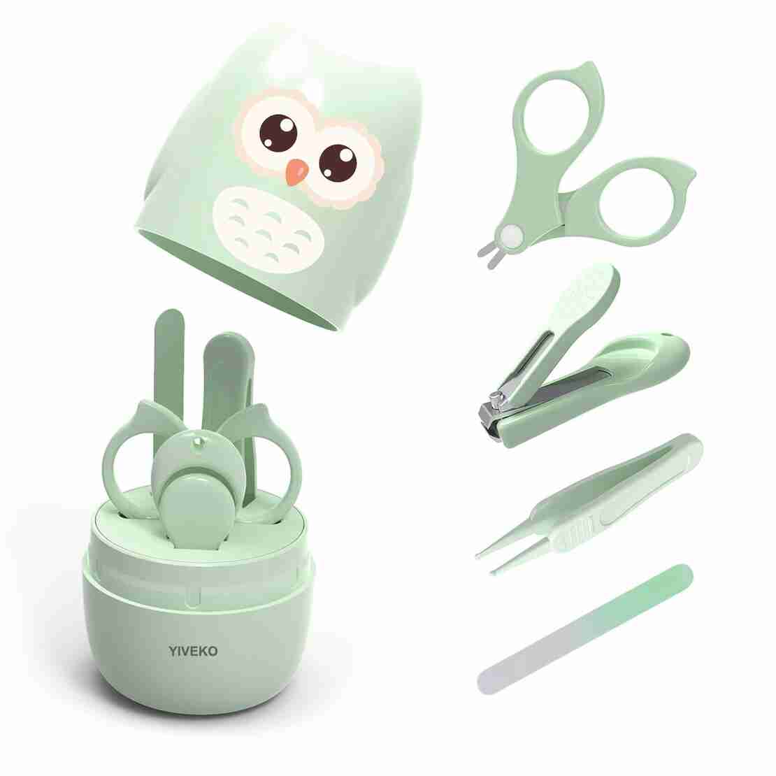 Set 4 Piese Ingrijire Unghii Bebelusi, Flippy, din ABS+Otel Inoxidabil, Cutie de Depozitare Tip Bufnita, de la 0 Luni, 11.5 x 5 x 11.5 cm, Verde