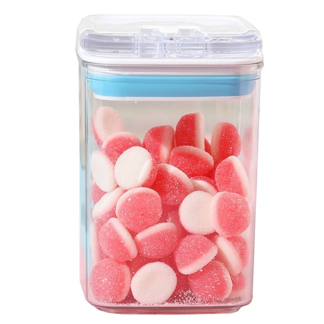 Cutie de Depozitare Alimente, Flippy, tip Container, 0.8L, 10x10x15.5 cm, Recipiente pentru Cereale in Bucatarie, Transparente cu Capac Alb-Albastru