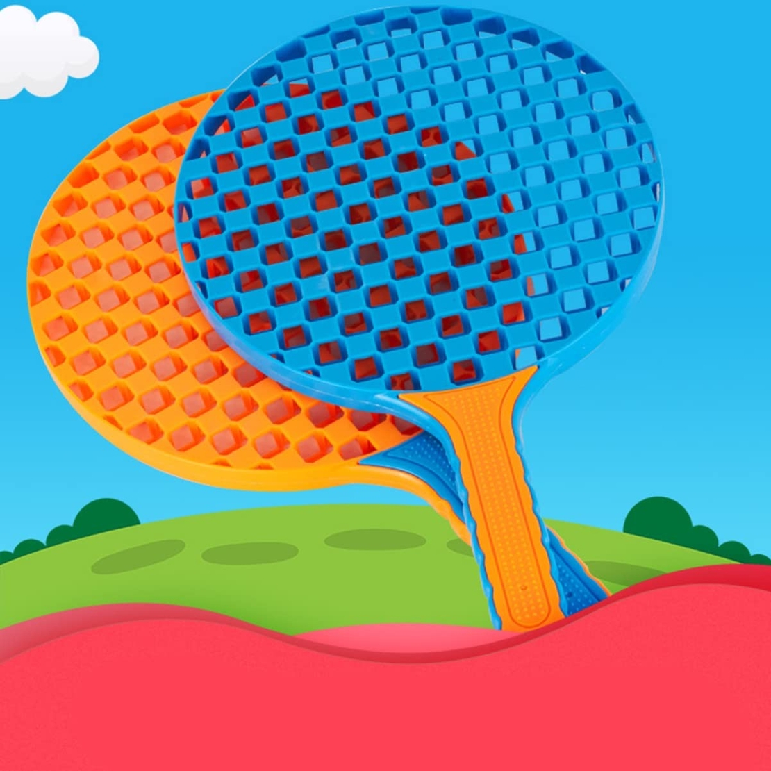 Set Badminton pentru Copii, Flippy, 2 Palete, 3 Mingi, Pentru Joaca si Antrenament, Albastru Portocaliu