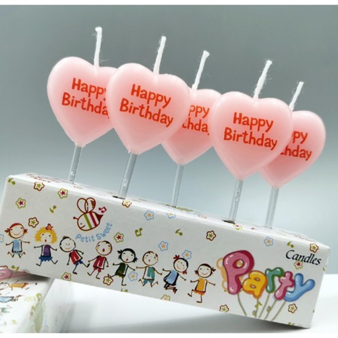 Set 5 Lumanari de Tort, Flippy, Model Inima, Text Happy Birthday, 2.5 x 2.5 cm, din Ceara, Multicolor