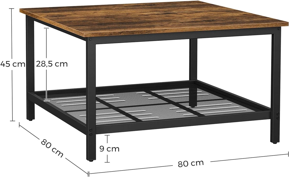 VASAGLE Masa de cafea patrata, cadru otel si polita de depozitare, stil industrial, 80x80x45cm, maro rustic si negru