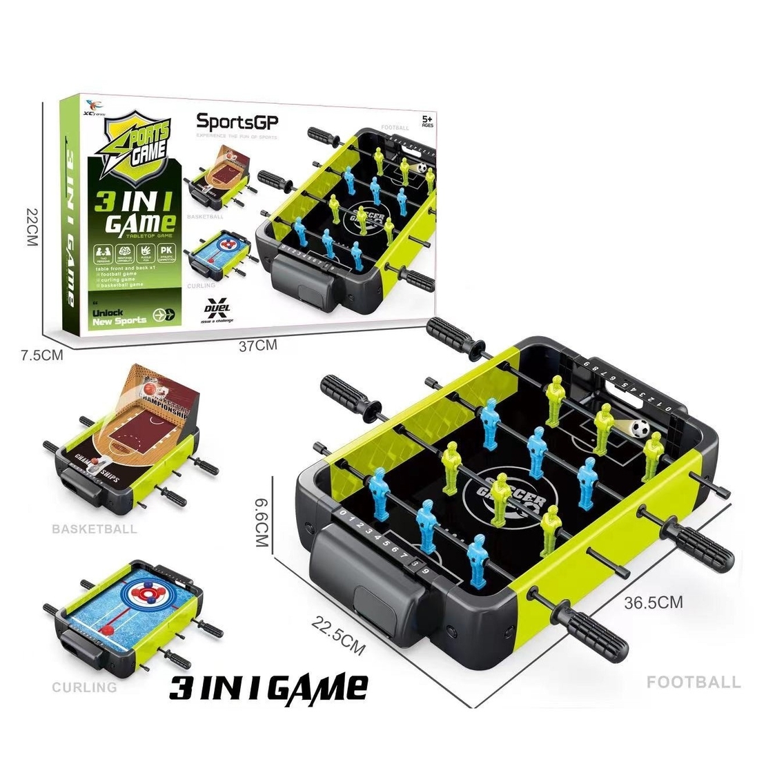 Masa de Fotbal 3in1, Flippy, Basket, Curling, 4 Manere, cu Tablou de Scor, din ABS, pentru Adulti/Copii +5 Ani, 36.5 x 6.6 x 22.5 cm, Verde/Negru