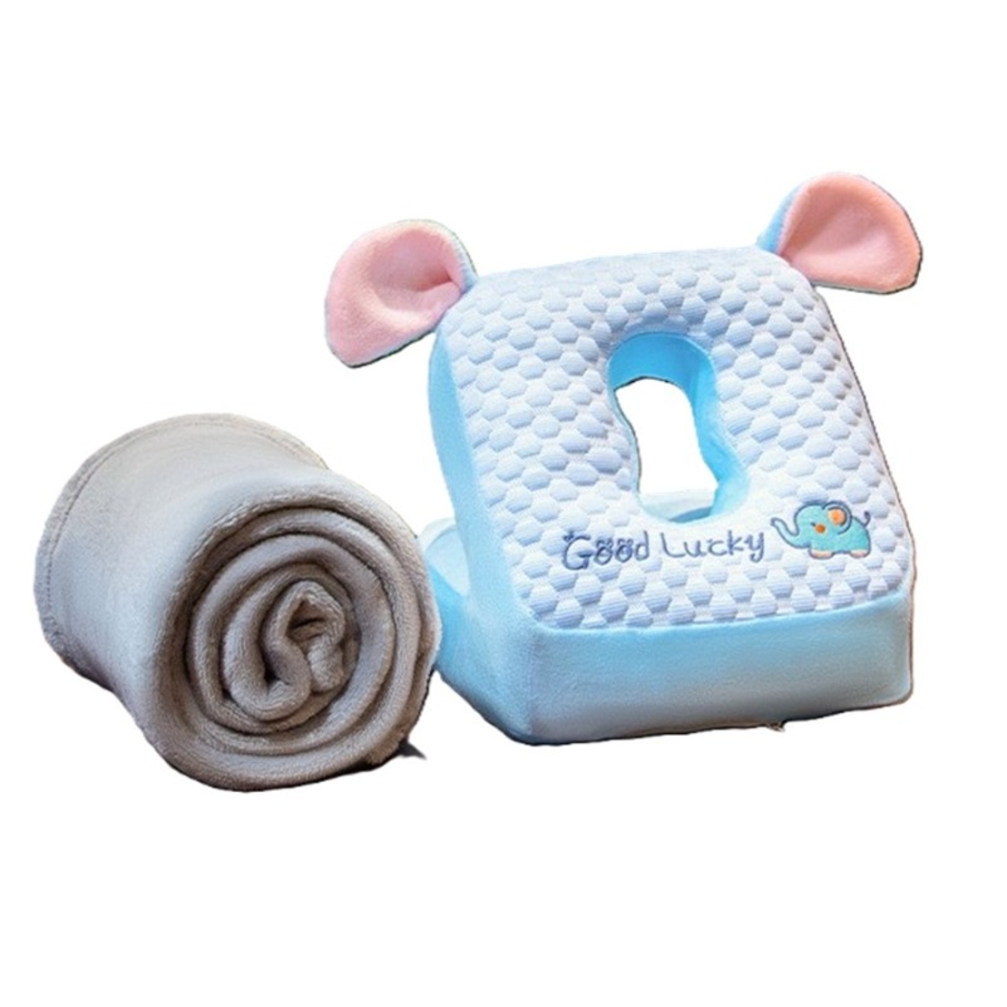 Set 2in1 Patura Microfibra si Perna din Spuma, Vafy, pentru Birou, Calatorii, Pauze, Model Elefant, Microfibra, 1x1.7 m, 30x35x30 cm, Albastru